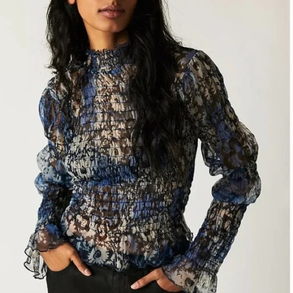 Free People Hello There Top (Blue/Animal Print/Mesh)